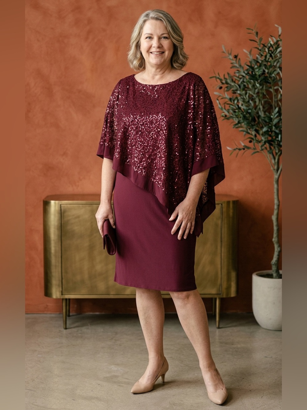 Elegant Sequined Poncho Dress in Burgundy